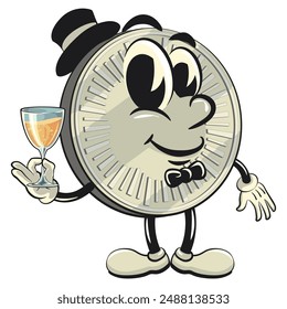 character of a coin money cartoon vector isolated clip art mascot illustration wearing a hat and bow tie raising a wine glass work of hand drawn