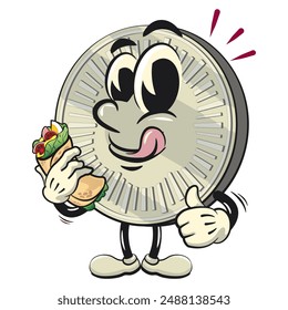 character of a coin money cartoon vector isolated clip art mascot illustration carrying a burritos while giving a thumbs up, work of hand drawn