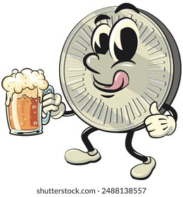 character of a coin money cartoon vector isolated clip art mascot illustration raising a large beer glass while giving a thumbs up, work of hand drawn