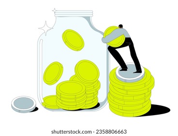  Character Collect Coins into Huge Glass jar. Person make savings, collecting money in account, open bank deposit. Family finance budget economy concept. Cartoon Vector Illustration