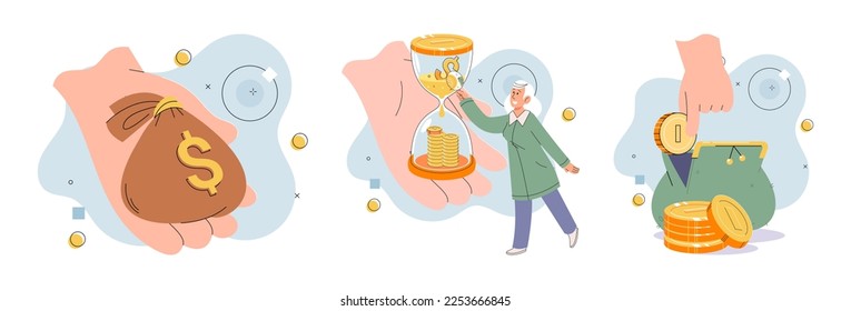 Character collect golden coins into huge hourglass. Woman make savings, putting money in wallet. Collecting cash in account, open bank deposit, retirement savings. Family finance budget economy