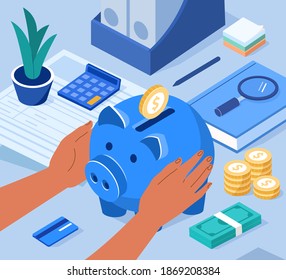 
Character Collecting Gold Coins in Piggy Bank. Woman Manage Budget and making Savings. Saving Money and Economy Concept. Flat Isometric Vector Illustration.