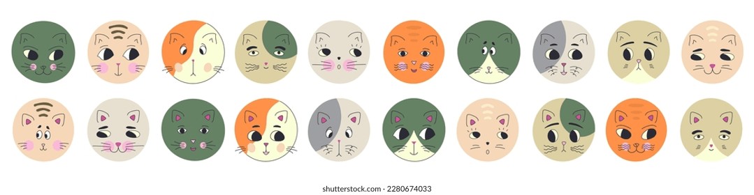 Character collection, black eyes cats. Cute figures, various faces, kitten drawing. Bright colorful composition
