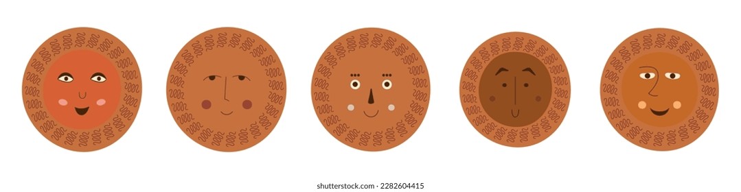 Character collection, comical abstract faces. Head figures, various mood, male bizarre appearance. Bright colorful composition
