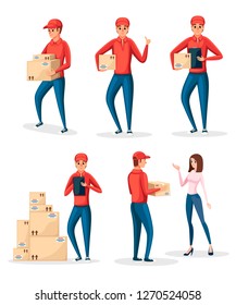 Character collection - the delivery man in different situations. Cardboard boxes. Courier in red uniform. Cartoon character design. Flat vector illustration isolated on white background.