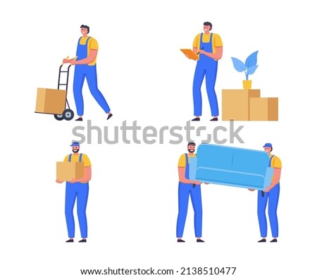 Character collection. Delivery men moving boxes to a new house, holding sofa. Moving service, delivery service, relocation concept. Set of courier flat vector illustration. 