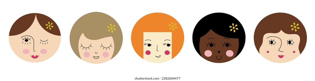 Character collection, pretty girlish faces. Head figures, various mood, woman countenance. Bright colorful composition
