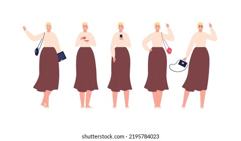 Character Collection. Vector Flat Design People Illustration Set. Body Positive Blond Woman Standing Isolated On White Background. Office Employee. Tea Cup, Bags, Smartphone Accessories