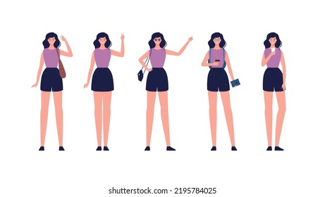 Character Collection. Vector Flat Design People Illustration Set. Young Adult Female Or Teenager Girl Standing Isolated On White Background. Coffee, Bags, Glasses, Smartphone And Backpack Accessories