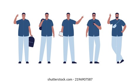 Character collection. Vector flat design people illustration set. Young adult african overweight man standing with various moustache and beard. Bag, paper, smartphone and backpack accessories
