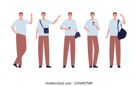 Character collection. Vector flat design people illustration set. Young adult smiling male in hoodie standing with various gesture isolated. Coffee, bags, tablet, smartphone and backpack accessories