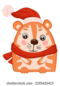 tigre festivo de Año Nuevo coloreado por personajes en un animal de sombrero y bufanda aislado en una ilustración vectorial de fondo blanco