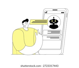 Un personaje se comunica con un chatbot por teléfono. Charlando con un bot.
