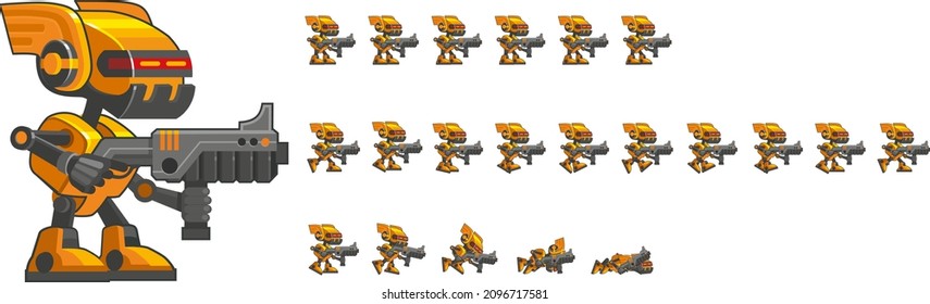 A Character For A Computer Game. Yellow Armed Robot In Various Poses. Game Sprite  