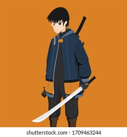 Character Concept Cartoon Vector Illustration, Samurai, Ninja, Anime