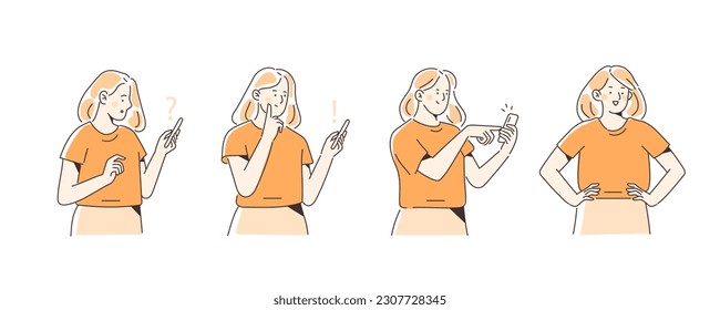 Character concept illustration set. Confused woman with a smartphone in her hands looking for ideas and finding solutions. Problem solving concept. Vector illustration.