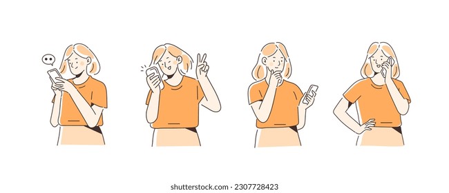 Character concept illustration set. Holding smartphone girl thinking, talking, chatting and making selfie photo. Woman using hand gestures. Vector illustration.