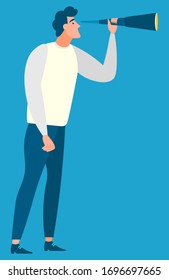 Character conducting research vector, isolated businessman with tube looking forward. Male wearing formal suit, director thinking of new strategy