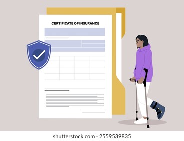 character confidently walking with crutches while holding important insurance paperwork, embodying resilience and determination in a contemporary environment