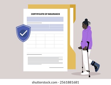 character confidently walking with crutches while holding important insurance paperwork, embodying resilience and determination in a contemporary environment