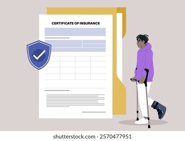 character confidently walking with crutches while holding important insurance paperwork, embodying resilience and determination in a contemporary environment