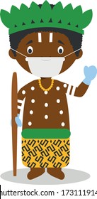 Character from Congo dressed in the traditional way and with surgical mask and latex gloves as protection against a health emergency