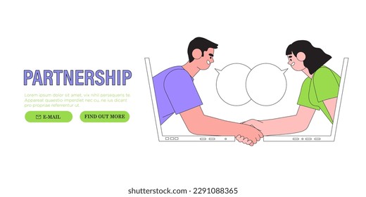 Character congratulates colleague online through laptop screen. People celebrate career development, successful project or deal. Employee shaking hands. Business partnership or contract concept.