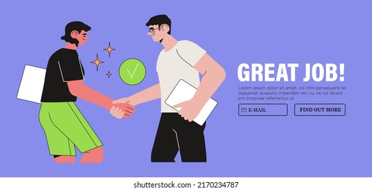 Character congratulates colleague vector flat illustration. People celebrate career development, successful project or deal. Man and woman employee shaking hands. Business partnership concept.