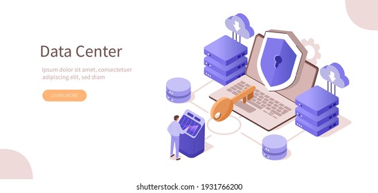 Character connecting to Data Center and using Cyber Security Services to Protect Personal Data. Secure  Online Hosting Technology and Cloud Protection Concept. Flat Isometric Vector Illustration.