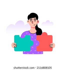 Character Connecting Elements Of Puzzles. Problem Solving Concept. Puzzle Solution. Right Choice. Vector Illustration In A Flat Style