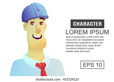 Character construction engineer in a blue helmet. Cartoon illustration style.