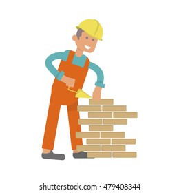 Character construction worker, laborer builds a brick wall. Isolated on white background. Vector illustration eps10