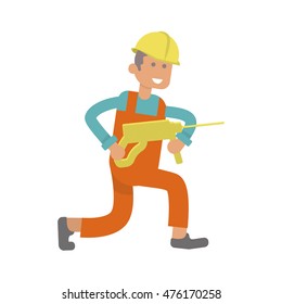Character construction worker, laborer with perforator. Isolated on white background. Vector illustration eps10