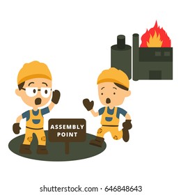 Character Construction worker running go to assembly point. vector illustration.