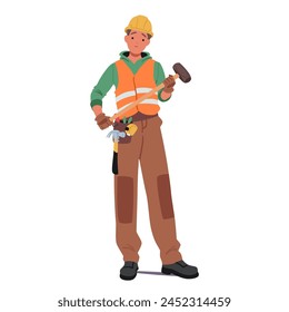 Character Construction Worker Stands Tall, Gripping Hammer Firmly, Ready For Task Ahead, Muscles Tense, Determination In Gaze, Embodying Strength And Purpose. Cartoon People Vector Illustration