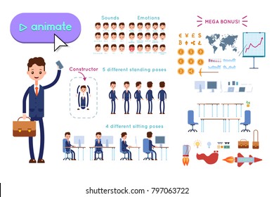 Character constructor for animating. Businessman in blue suit holding phone and leather briefcase on white background. Animation of speech, emotions, turns, standing, sitting. Objects for animation