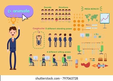 Character constructor for animating. Businessman in blue suit The idea came, the light on yellow background. Animation of speech, emotions, turns, standing, sitting. Objects for animation
