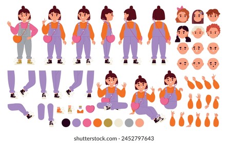 Constructor de caracteres para animación. Encantadora niña en ropa elegante. Niño en diferentes posiciones. Conjunto de partes del cuerpo en movimiento. Colección de Vector plana de dibujos animados aislada sobre fondo blanco