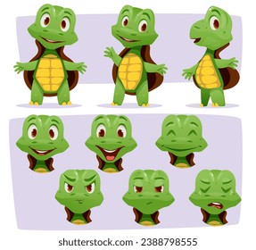 Constructor de caracteres para la animación. Una tortuga linda con emoción de felicidad, alegría, rabia, tristeza. Animales con cáscara en poses diferentes. Ilustración vectorial plana de dibujos animados aislada en blanco