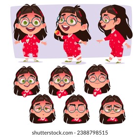 Character constructor for animation. Happy girl with glasses stands in different poses and positions. Child face expresses different emotions. Cartoon flat vector illustration set isolated on white