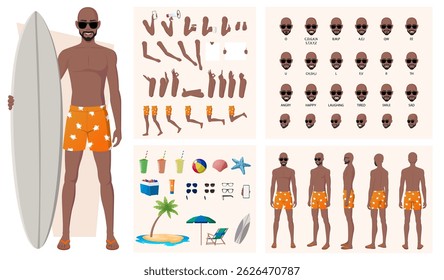 Character Constructor with Black Man Wearing Swim Trunks and Sun Glasses on Beach. Lip sync, hand Gestures, Emotions and Picnic Items Vector File