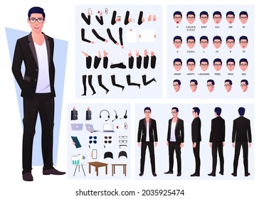 Character Constructor with Business Man Wearing Suit and Glasses, Hand Gestures, Emotions and Lip Sync - Shutterstock ID 2035925474