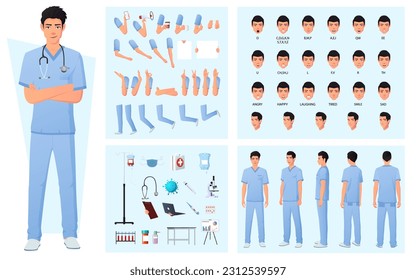 Constructor de caracteres con enfermero, doctor, expresiones faciales, emociones, diversos gestos manuales vista frontal, lateral y trasera