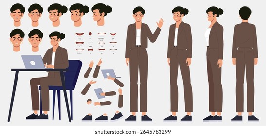 Character constructor set. Businesswoman in suit in different body positions. Arms, legs and expressions of office worker. Design for animation. Flat vector illustration isolated on background
