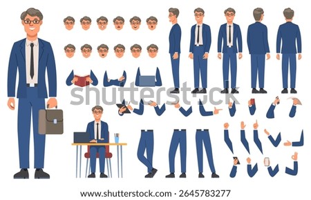 Character constructor set. Happy businessman in suit and glasses in different body positions. Arms, legs and expressions of office worker. Flat vector illustration collection isolated on background