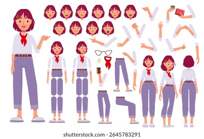Character constructor set. Happy female entrepreneur or businesswoman in different body positions. Arms, legs and facial emotions of office worker. Flat vector illustration isolated on background
