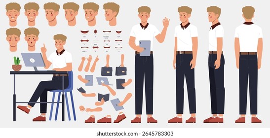 Character constructor set. Happy Male Entrepreneur or businessman in Different Body Positions. Arms, Legs and Facial Expressions of office worker. Flat vector illustration isolated on background