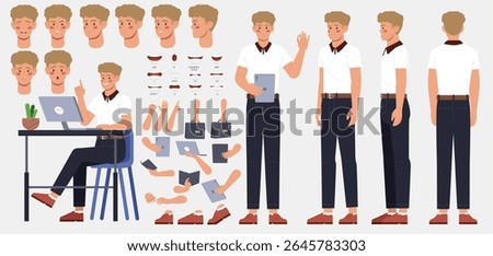 Character constructor set. Happy Male Entrepreneur or businessman in Different Body Positions. Arms, Legs and Facial Expressions of office worker. Flat vector illustration isolated on background