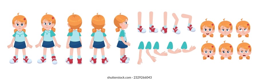 Character constructor set. Young redhead girl with kit of arms and legs positions, face and emotions, body poses. Small child to create animations. Cartoon flat vector isolated on white background