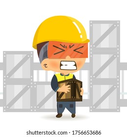 Character constructor worker cartoon of walking carrying heavy box and get pain from backache.